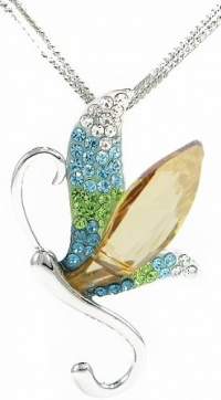 Stylized Dragonfly Swarovski Elements Crystal Pendant Necklace W 18k White Gold Plated Double Chain (Green and Blue)