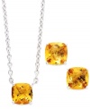 A fun and colorful update to your wardrobe, this matching pendant and earrings set features cushion-cut citrine (5 ct. t.w.) set in sterling silver. Approximate length: 18 inches. Approximate drop (pendant): 1/4 inch. Approximate drop (earrings): 1/4 inch.