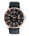 Bulova defines luxury with this Marine Star collection watch. Black croc-embossed leather strap and round stainless steel case with rose-gold tone accents at bezel. Textured black dial features applied rose-gold tone numerals, stick indices, date window at three o'clock, three luminous hands and logo. Quartz movement. Water resistant to 100 meters. Three-year limited warranty.