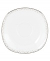 Forecast modern whimsy at meal time with the Silver Mist square saucer from Lenox Lifestyle dinnerware. The dishes in this collection feature shimmering droplets that trickle in from the platinum-banded edge of bright white bone china. (Clearance)