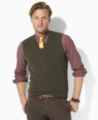 A classic sweater vest is the hallmark of preppy style in luxurious cable-knit merino lambswool.