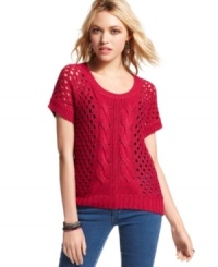 Keep warm, look cool in this knit sweater from Pink Rose! Features a perforated design that's anti-frumpy, pro-cute! (Clearance)