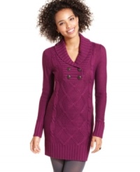 Snuggle-up in Pink Rose's cable-knit sweater dress. The cozy shawl collar and winter-ready design makes this dress the perfect match to tights and a pair of tall boots.