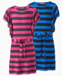 Floaty flutter sleeves and stripes on this sweater dress from Planet Gold give her a perfect sunny-day style.