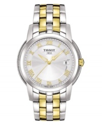 Luminous stainless steel in two soft tones meld with impeccably timeless style in this men's watch from Tissot. Silvertone stainless steel bracelet with goldtone accents. Stainless steel round case and round silvertone dial with logo, dage window and roman numeral indices. Quartz movement. Water resistant to 30 meters. Two-year limited warranty.