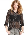 A burst of polka-dots brings fun style to the sheer button-down blouse! From Tommy Girl.