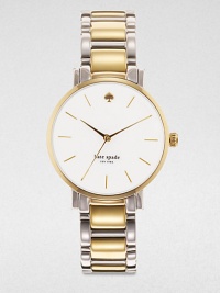 A sleek timepiece in a contrasting, two-tone design. Quartz movementWater resistant to 3 ATMRound goldtone stainless steel case, 34mm (1.3)Smooth bezelWhite dialDash hour markersSecond hand Two-tone stainless steel link braceletImported