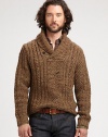 Handsome and hearty in a chunky cable knit, this heritage-infused shawl-collar sweater is crafted from a luxurious blend of wool, silk, alpaca and cashmere yarns.Shawl collarRibbed knit collar, cuffs and hem55% linen/45% cottonDry cleanImported