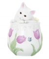 Begging for treats, this adorable kitten cookie jar adds whimsical charm to your kitchen. A yellow butterfly rests on Kitty's tail while raised tulips bloom and stretch against crisp white porcelain.