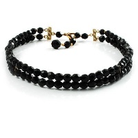 2-Strand Black Glass Bead Choker Necklace (Gold Tone)