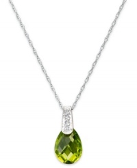 Take your look to the next level with the right amount of color. A pear-cut peridot (2-1/5 ct. t.w.) adds the sparkle to this shining 14k white gold necklace with diamond accents at the bail. Approximate length: 18 inches. Approximate drop: 1/2 inch.