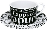 Konitzs 7-Ounce Writing On Black Cappuccino Cups and Saucers, Black/White, Set of 4