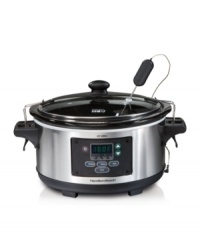 Return home to ready-made meals. Prep your favorite dishes, set the temp and time and get out of the kitchen. This fully programmable slow cooker is perfect for chickens, roasts and more with a removable dishwasher-safe stoneware pot with sealed lid to keep in moisture and flavor. 1-year warranty. Model 33969.