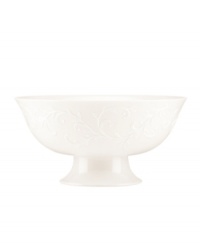 With an elegant white-on-white pattern featuring an embossed vine motif and interior glaze, the footed Opal Innocence serving bowl gets your table set for refined dining every day.