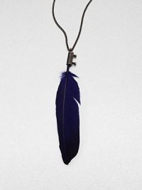 A metal encased feather on a link chain makes for a tribal chic pendant. FeatherSilverLength, about 23.6Pendant size, about 4Slip-on styleImported 