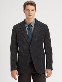 Classic two-button blazer with notched lapels and a rich patterned finish.Button-frontChest welt, waist patch pocketsRear vents67% viscose/23% microfiber/10% cottonDry cleanImported