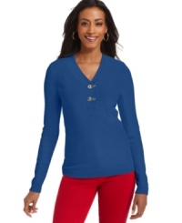 Build your wardrobe with Charter Club's classic V-neck sweater. Decorative hardware adds a luxe touch!