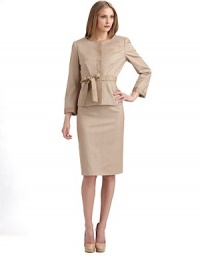 This structured piece with tonal topstitching and textured ribbon trim is at once feminine and versatile.Roundneck Long sleeves with topstitched texture-trimmed cuffs Concealed snap front placket with topstitched texture-trimmed cuffs Seam details, front and back Topstitched, textured self belt ties at the waist About 21 from shoulder to hem Fully lined 94% virgin wool/6% polyamide Dry clean Made in Italy