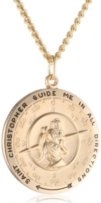 Men's 14k Gold Filled Round Saint Christopher Pendant Necklace with Compass Design, 24