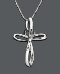 The words Love is Eternal will be a constant reminder of your faith. This unique sterling silver cross pendant features a loop design with a center heart cross. Approximate length: 18 inches. Approximate drop: 1-1/4 inches.