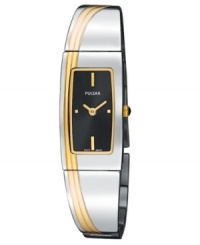 A chic bangle bracelet with modern flair by Pulsar. This watch features a silvertone and goldtone bracelet and rectangular case. Black dial with goldtone stick indices and logo. Quartz analog movement. Water resistant to 30 meters. Three-year limited warranty.