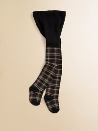 Opaque, stretch tights adorned with a festive tartan print.Elastic waistSmooth from waist to hips51% polyester/46% cotton/3% spandexMachine washMade in USA