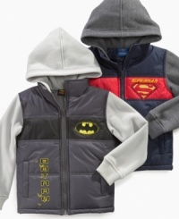 Attached sleeve and hooded vest on these superhero hoodies will keep him warm in the cooler temperatures.