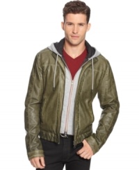 Armani Jeans gives you the look of layers-without the bulk-by designing this faux leather bomber jacket with a detachable hood in a contrast fabric.