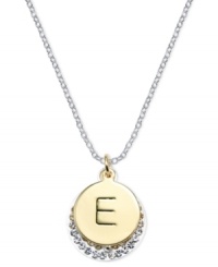 Letter perfection. This sterling silver necklace holds a pendant set in 14k gold and sterling silver plated topped with an E and adorned with crystal for a stunning statement. Approximate length: 18 inches. Approximate drop: 7/8 inch. Approximate drop width: 5/8 inch.