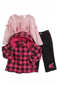 BT Kids Infant Girls (12-24 months) 3 pc hooded plaid pink coat and jeans set