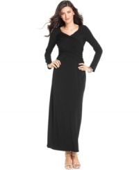 Flaunt your figure in this petite maxi dress from Elementz featuring a slimming tummy control panel and flattering faux-wrap silhouette!