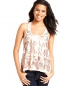 Love this piece from Almost Famous! With its scalloped sequin design and sporty, racerback style, this tank top carries major shimmer power.