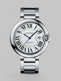 Distinctive stainless steel design with blue hands and large Roman numeral dial. Stainless steel case and bracelet Case, 42mm X 13mm, 1.65 X 0.51 Water ressitant to 30M Date display Second hand Automatic movement Band width, 20mm, 0.79 Made in Switzerland