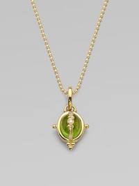 A smooth, peridot cabochon locket with three dazzling diamonds, all set in 18k gold. PeridotDiamonds, .025 tcw18k goldSize, about ¼Fixed baleMade in ItalyPlease note: Chain not included. 