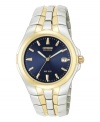 Handsome and durable, this solid stainless steel watch for him displays the fine craftsmanship Citizen is known for. Two-tone bracelet and blue face with date function. Five-year limited warranty.