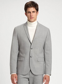 EXCLUSIVELY OURS. Fine tailoring and details are displayed in this timeless two-button blazer rendered in a superior stretch wool.Two-button frontPeak lapelChest welt, waist flap pocketsSide ventsFully lined96% wool/4% lycraDry cleanImported