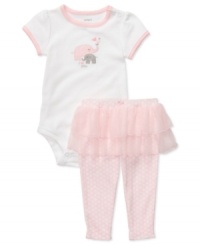 Dressing her will be easy in this Carter's bodysuit and tutu leggings set. Bodysuit has snaps at shoulders and leg openings for easy changes.