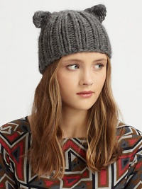 The purr-fect wool topper features knit cat ears.WoolSpot cleanMade in the USA