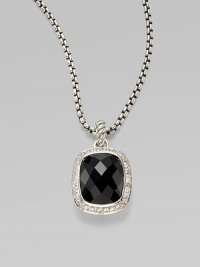 From the Noblesse Collection. A handsome faceted black onyx is edged in pavé diamonds and hangs on a sterling silver cable chain. Black onyx Diamonds, 0.3 tcw Sterling silver Chain length adjusts from about 16 to 17 Pendant width, about ½ Lobster clasp Made in USA