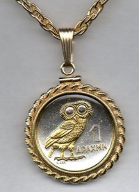 Gorgeous 2-Toned Gold on Silver Greek nickel size Owl, Coin Necklaces Gorgeous 2-Toned Gold on Sil