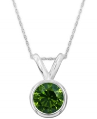 Burst onto the style scene. A round-cut, bezel-set green diamond (1 ct. t.w.) shines in a luminous 14k white gold setting. Approximate length: 18 inches. Approximate drop: 1/2 inch.