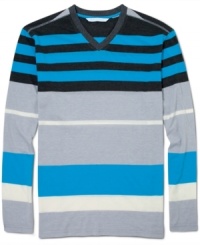 Striping it rich: Sean John designs a  V-neck knit top in a four-season cotton blend spiked with the surprise of irregular stripes.