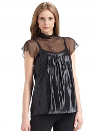 Shimmery pleated lamé fuses elegantly with a sheer silk yoke for a wispy, ladylike design.Mockneck Cap sleeves Sheer yoke, front and back Pleated lamé body Back snap closure About 21 from shoulder to hem 64% silk/36% polyester Dry clean Made in Italy