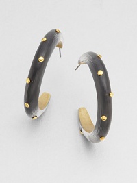 From the Lucite Collection. Smooth, simple half hoops of hand-painted, hand-sculpted Lucite, sprinkled with golden studs.LuciteGoldtoneDiameter, about 1.9Post backMade in USA