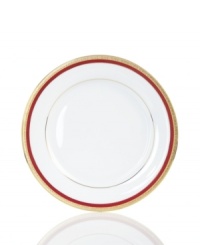 An instant classic, the Red Rim salad plates combine bands of holiday red and filigree-patterned gold in elegant white porcelain. Layer with Charter Club's Grand Buffet Classic Gold and Holly Berry dinnerware.