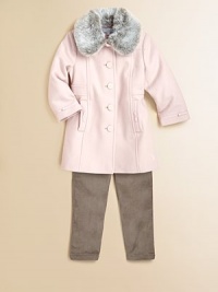 This couldn't-be-cuter coat features bow details, gorgeous grosgrain trim and a chic Peter Pan collar with removable faux-fur trim.Front button closureLong sleevesSlash side pocketsKnee lengthFully lined80% wool/20% polyamideFaux-fur trim: 50% acrylic/33% cotton/17% modacrylicDry cleanMade in France Please note: Number of buttons may vary depending on size ordered. 