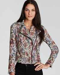 Rev up your fall layers--this multi-colored tapestry print enlivens this cropped Free People moto jacket for shabby meets chic.