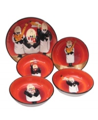 At your service. The Waiters pasta set from Certified International's collection of serveware and serving dishes stars a humorous and humorless wait staff on durable earthenware. Each bowl celebrates a different component of the meal, providing all the inspiration you need for a delicious eat-in feast.