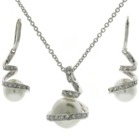 Exquisite Sterling Silver CZ White Pearl Majorca Swirl Pendant Necklace and Earring Jewelry Gift Set Bucasi