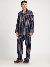 Two-piece set woven in remarkably striped cotton for sartorial appeal. Cotton. Machine wash. Imported.SHIRTButton frontChest, hip patch pocketsPANTSide elastic waistInseam, about 31